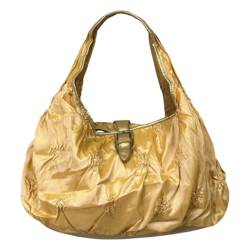 NWT‎ Chateau Shoulder Bag Womens Gold Satin Hobo Purse Ruched Metallic Evening